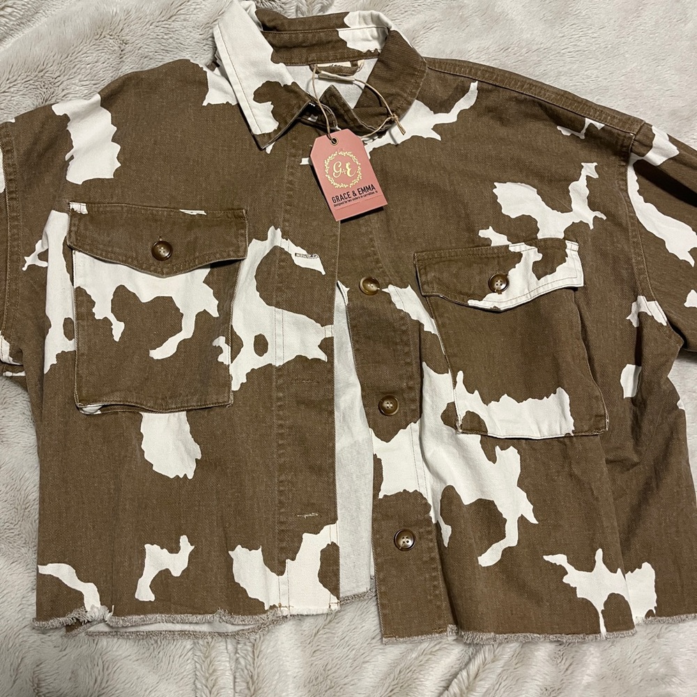BRAND NEW Cow print Cropped Jean Jacket